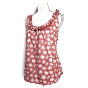 Boden Top Pink Dandilion Print Ruffle neck Tank